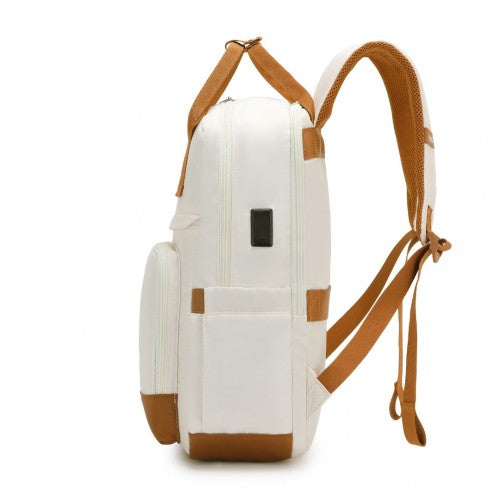 EQ2401 - Kono Multi-Compartment Laptop Backpack with Type-C USB Charging Port and Small Pouch for Daily Commute and Travel - Cream And Brown | Neil's Luggage Store