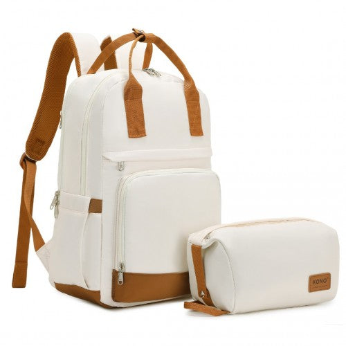 EQ2401 - Kono Multi-Compartment Laptop Backpack with Type-C USB Charging Port and Small Pouch for Daily Commute and Travel - Cream And Brown | Neil's Luggage Store