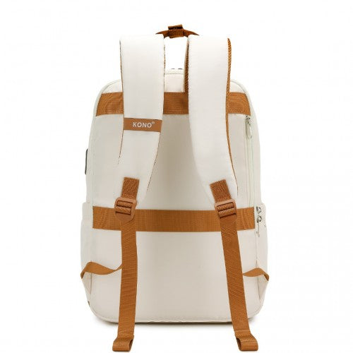 EQ2401 - Kono Multi-Compartment Laptop Backpack with Type-C USB Charging Port and Small Pouch for Daily Commute and Travel - Cream And Brown | Neil's Luggage Store