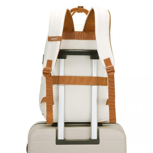 EQ2401 - Kono Multi-Compartment Laptop Backpack with Type-C USB Charging Port and Small Pouch for Daily Commute and Travel - Cream And Brown | Neil's Luggage Store