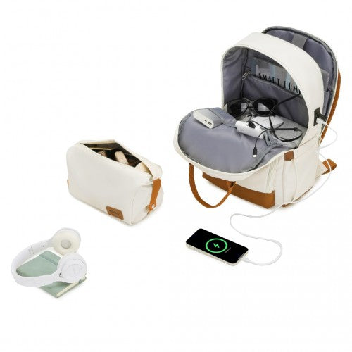 EQ2401 - Kono Multi-Compartment Laptop Backpack with Type-C USB Charging Port and Small Pouch for Daily Commute and Travel - Cream And Brown | Neil's Luggage Store