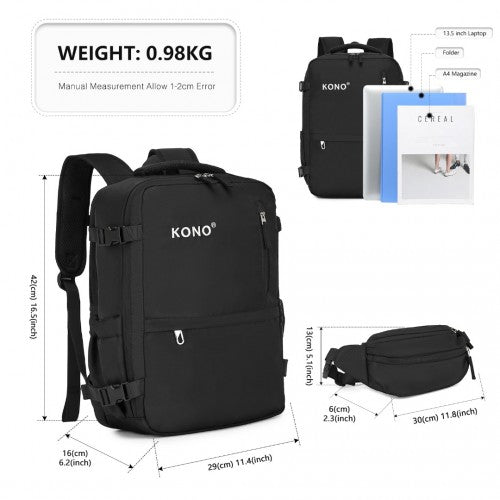 EQ2406 - Kono Ultimate Traveler's Backpack with Detachable Waist Pack and Integrated USB/Type-C Charging Ports - Black | Neil's Luggage Store