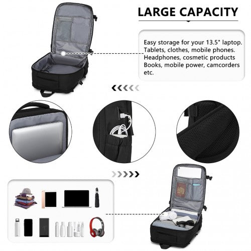 EQ2406 - Kono Ultimate Traveler's Backpack with Detachable Waist Pack and Integrated USB/Type-C Charging Ports - Black | Neil's Luggage Store