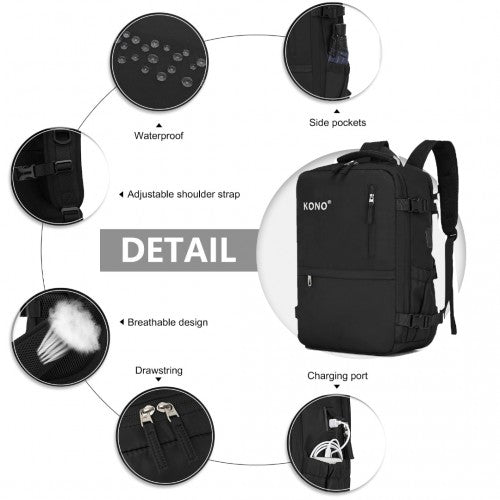 EQ2406 - Kono Ultimate Traveler's Backpack with Detachable Waist Pack and Integrated USB/Type-C Charging Ports - Black | Neil's Luggage Store