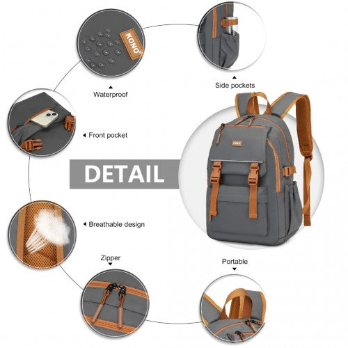 EQ2416 - Kono PVC Coated Urban Water-Resistant Backpack with Reflective Safety Straps and Multi-Compartment Design - Grey and Brown | Neil's Luggage Store