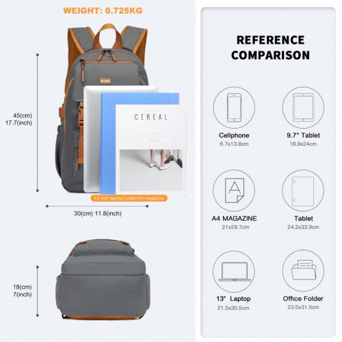 EQ2416 - Kono PVC Coated Urban Water-Resistant Backpack with Reflective Safety Straps and Multi-Compartment Design - Grey and Brown | Neil's Luggage Store
