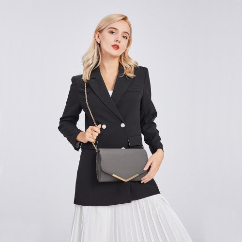 Miss Lulu Vegan Envelope Clutch Bag Grey With Gold Tone Hardware PU Leather Evening Purse Detachable Gold Chain | Neil's Luggage Store