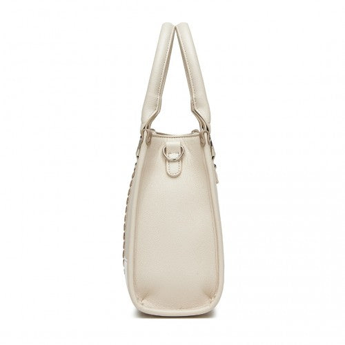 HBM2462 - Miss Lulu PU Leather Graceful Spacious Tote Bag with Woven Trim and Detachable Ethnic Strap - Beige