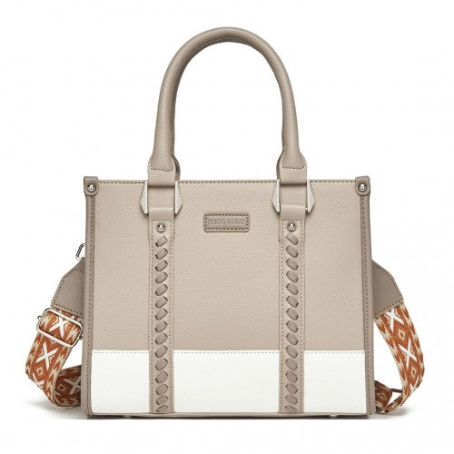 HBM2462 - Miss Lulu PU Leather Graceful Spacious Tote Bag with Woven Trim and Detachable Ethnic Strap - Khaki