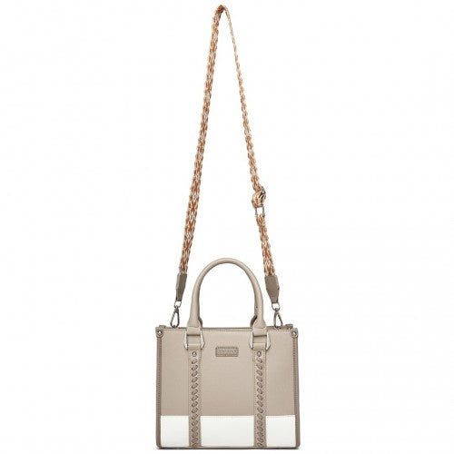 HBM2462 - Miss Lulu PU Leather Graceful Spacious Tote Bag with Woven Trim and Detachable Ethnic Strap - Khaki