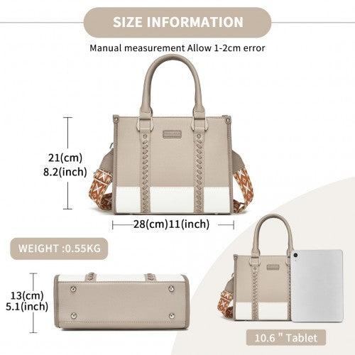 HBM2462 - Miss Lulu PU Leather Graceful Spacious Tote Bag with Woven Trim and Detachable Ethnic Strap - Khaki