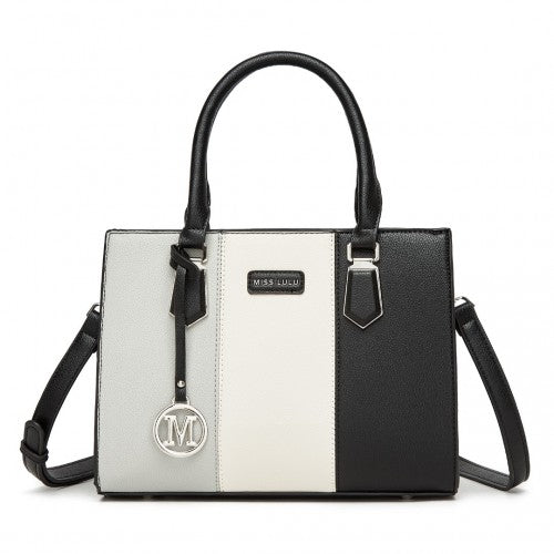 HBM2463 - MISS LULU PU Leather Three-Tone Stitched Shoulder Handbag - Stylish Daily Bag with Adjustable Strap - Grey