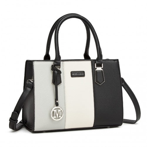 HBM2463 - MISS LULU PU Leather Three-Tone Stitched Shoulder Handbag - Stylish Daily Bag with Adjustable Strap - Grey