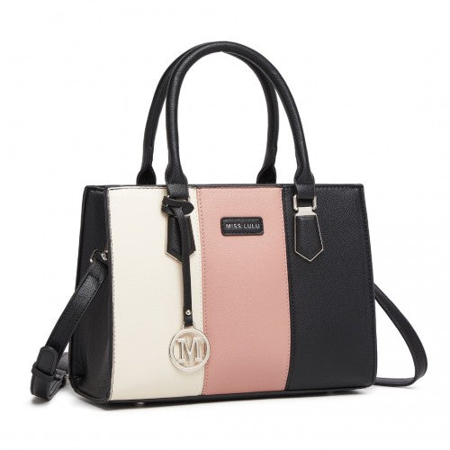 HBM2463 - MISS LULU PU Leather Three-Tone Stitched Shoulder Handbag - Stylish Daily Bag with Adjustable Strap - Pink | Neil's Luggage Store