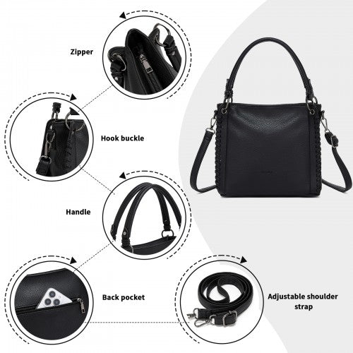 HBM2509 - Miss Lulu Textured PU Leather Crossbody Handbag with Woven Accents for Women - Black | Neil's Luggage Store