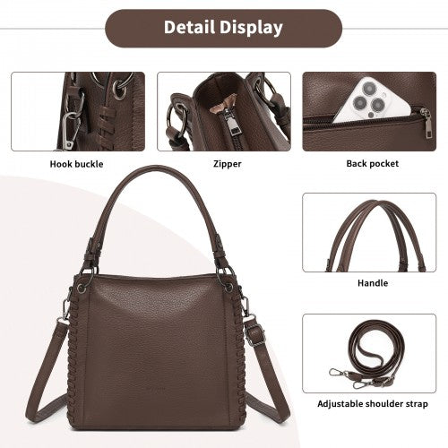 HBM2509 - Miss Lulu Textured PU Leather Crossbody Handbag with Woven Accents for Women - Brown by LuluBags