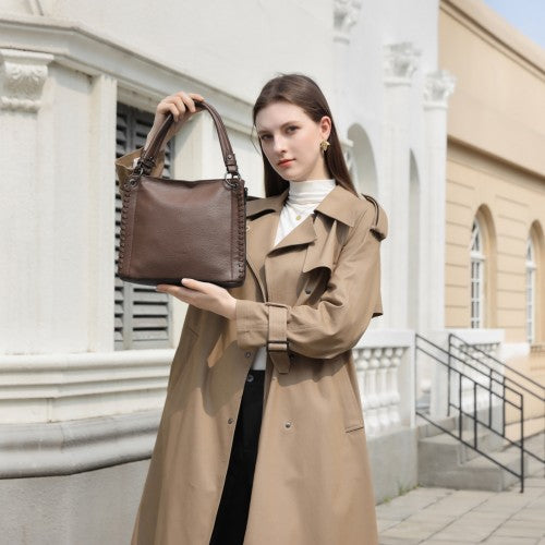 HBM2509 - Miss Lulu Textured PU Leather Crossbody Handbag with Woven Accents for Women - Brown by LuluBags
