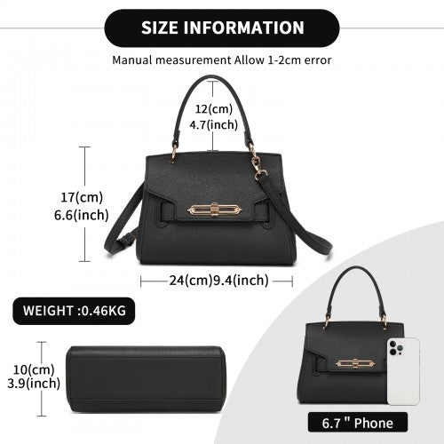 HBM2511 - Miss Lulu Elegant Structured PU Top-Handle Mini Satchel–Twist-Lock Flap and Detachable Handle - Black