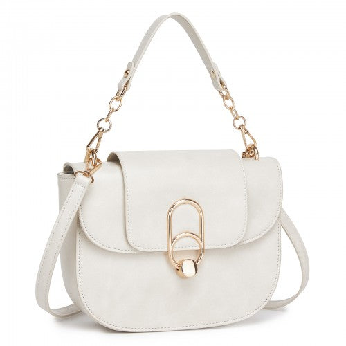 HBM2514 - Miss Lulu Stylish PU Saddle Bag with Chain-Accent Top Handle & Adjustable Strap - Beige | Neil's Luggage Store