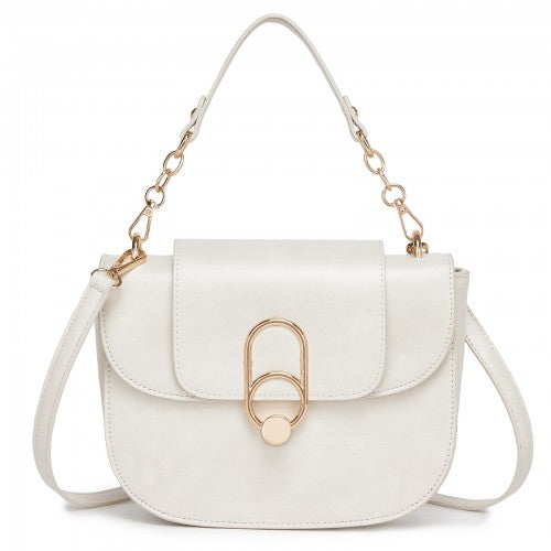 HBM2514 - Miss Lulu Stylish PU Saddle Bag with Chain-Accent Top Handle & Adjustable Strap - Beige | Neil's Luggage Store