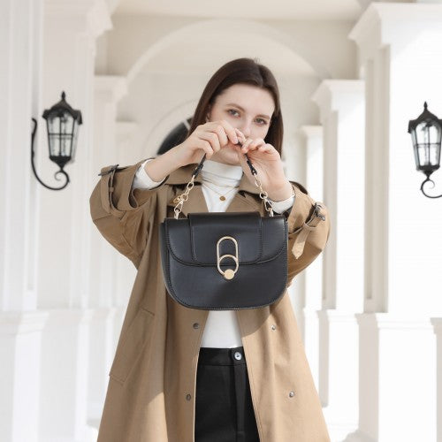 HBM2514 - Miss Lulu Stylish PU Saddle Bag with Chain-Accent Top Handle & Adjustable Strap - Black | Neil's Luggage Store