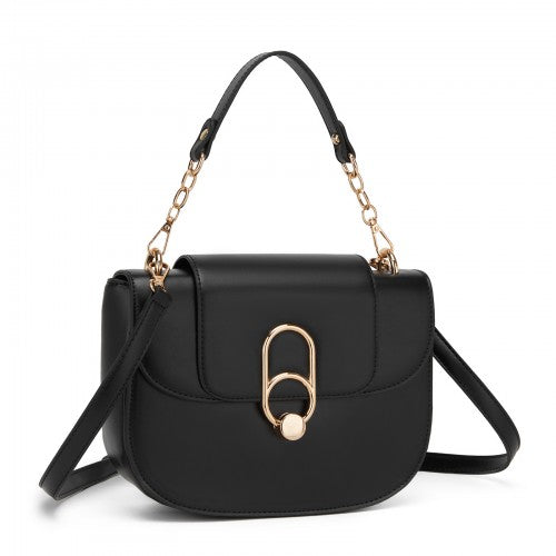 HBM2514 - Miss Lulu Stylish PU Saddle Bag with Chain-Accent Top Handle & Adjustable Strap - Black | Neil's Luggage Store