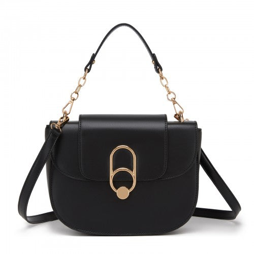 HBM2514 - Miss Lulu Stylish PU Saddle Bag with Chain-Accent Top Handle & Adjustable Strap - Black | Neil's Luggage Store