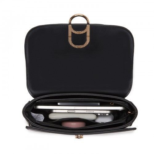 HBM2514 - Miss Lulu Stylish PU Saddle Bag with Chain-Accent Top Handle & Adjustable Strap - Black | Neil's Luggage Store