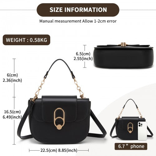 HBM2514 - Miss Lulu Stylish PU Saddle Bag with Chain-Accent Top Handle & Adjustable Strap - Black | Neil's Luggage Store