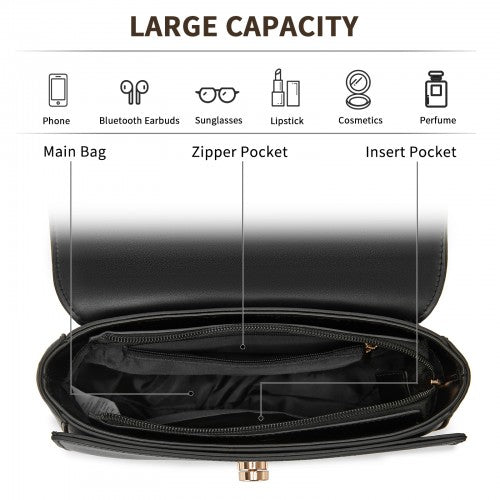 HBM2514 - Miss Lulu Stylish PU Saddle Bag with Chain-Accent Top Handle & Adjustable Strap - Black | Neil's Luggage Store