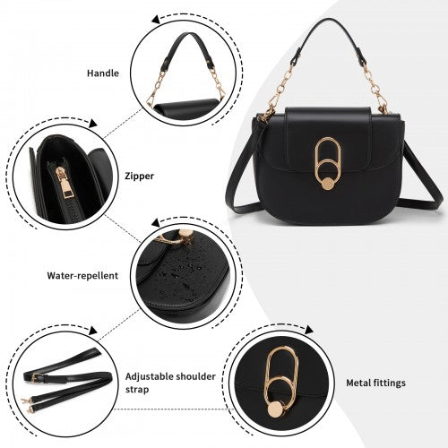 HBM2514 - Miss Lulu Stylish PU Saddle Bag with Chain-Accent Top Handle & Adjustable Strap - Black | Neil's Luggage Store