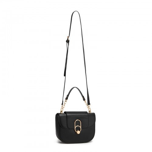 HBM2514 - Miss Lulu Stylish PU Saddle Bag with Chain-Accent Top Handle & Adjustable Strap - Black | Neil's Luggage Store