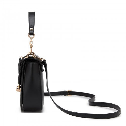 HBM2514 - Miss Lulu Stylish PU Saddle Bag with Chain-Accent Top Handle & Adjustable Strap - Black | Neil's Luggage Store