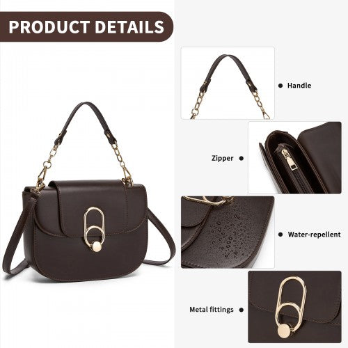 HBM2514 - Miss Lulu Stylish PU Saddle Bag with Chain-Accent Top Handle & Adjustable Strap - Brown by LuluBags