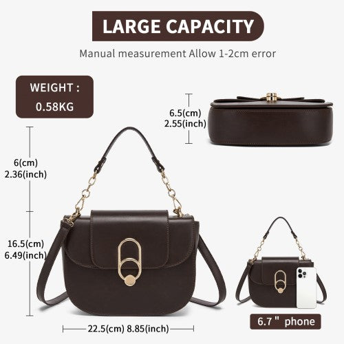 HBM2514 - Miss Lulu Stylish PU Saddle Bag with Chain-Accent Top Handle & Adjustable Strap - Brown by LuluBags