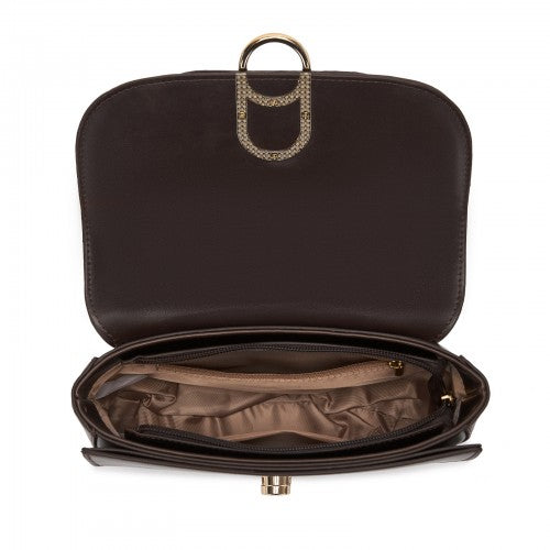 HBM2514 - Miss Lulu Stylish PU Saddle Bag with Chain-Accent Top Handle & Adjustable Strap - Brown by LuluBags