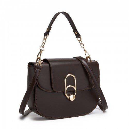 HBM2514 - Miss Lulu Stylish PU Saddle Bag with Chain-Accent Top Handle & Adjustable Strap - Brown by LuluBags