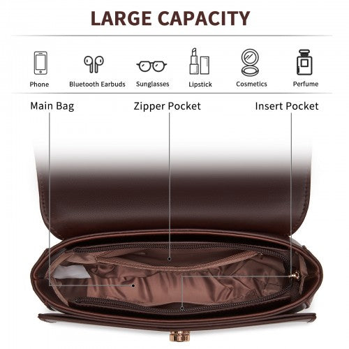 Miss Lulu Stylish PU Saddle Bag With Chain Accent Top Handle And Adjustable Strap In Coffee | Neil's Luggage Store