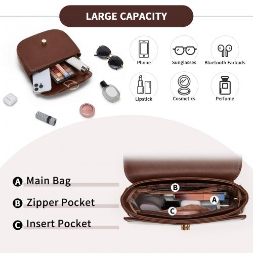 HBM2514 - Miss Lulu Stylish PU Saddle Bag with Chain-Accent Top Handle & Adjustable Strap - Light Brown by LuluBags