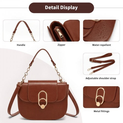 HBM2514 - Miss Lulu Stylish PU Saddle Bag with Chain-Accent Top Handle & Adjustable Strap - Light Brown by LuluBags