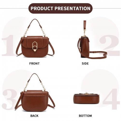 HBM2514 - Miss Lulu Stylish PU Saddle Bag with Chain-Accent Top Handle & Adjustable Strap - Light Brown by LuluBags