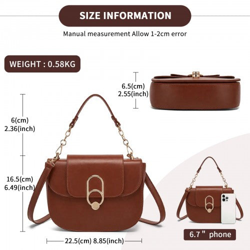 HBM2514 - Miss Lulu Stylish PU Saddle Bag with Chain-Accent Top Handle & Adjustable Strap - Light Brown by LuluBags