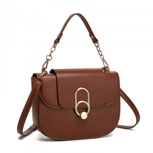 HBM2514 - Miss Lulu Stylish PU Saddle Bag with Chain-Accent Top Handle & Adjustable Strap - Light Brown by LuluBags