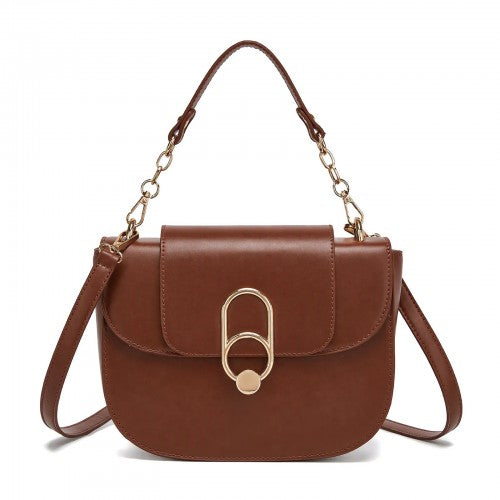 HBM2514 - Miss Lulu Stylish PU Saddle Bag with Chain-Accent Top Handle & Adjustable Strap - Light Brown by LuluBags