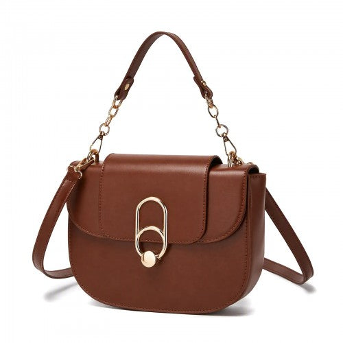 HBM2514 - Miss Lulu Stylish PU Saddle Bag with Chain-Accent Top Handle & Adjustable Strap - Light Brown by LuluBags
