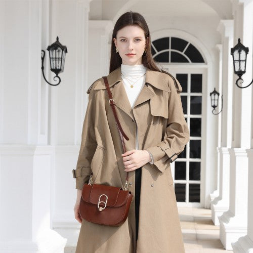 HBM2514 - Miss Lulu Stylish PU Saddle Bag with Chain-Accent Top Handle & Adjustable Strap - Light Brown by LuluBags