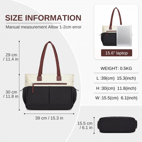 Lulu Chic Shoulder Tote Bag With Laptop Sleeve And Luggage Strap Beige And Black | Neil's Luggage Store