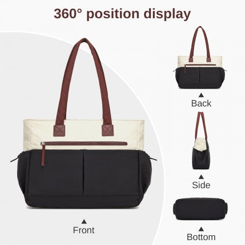 Lulu Chic Shoulder Tote Bag With Laptop Sleeve And Luggage Strap Beige And Black | Neil's Luggage Store