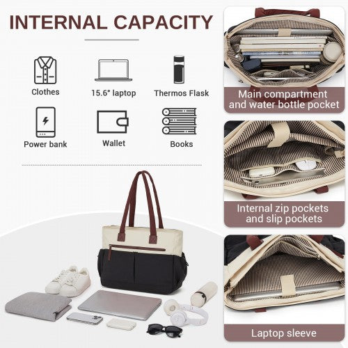 Lulu Chic Shoulder Tote Bag With Laptop Sleeve And Luggage Strap Beige And Black | Neil's Luggage Store