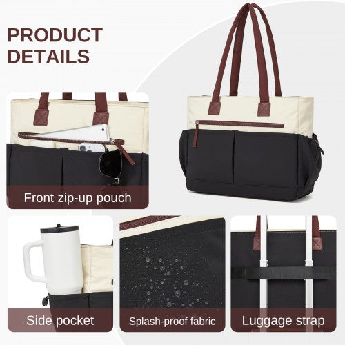 Lulu Chic Shoulder Tote Bag With Laptop Sleeve And Luggage Strap Beige And Black | Neil's Luggage Store